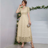 French Minority Slimming Mesh Stitching U Collar Solid Color Dress